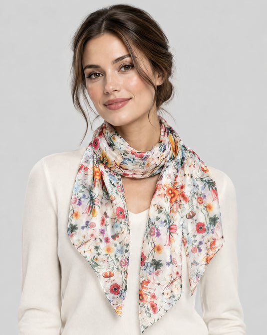 White Colorful Floral Mulberry Silk Scarf – 69 x 43 in