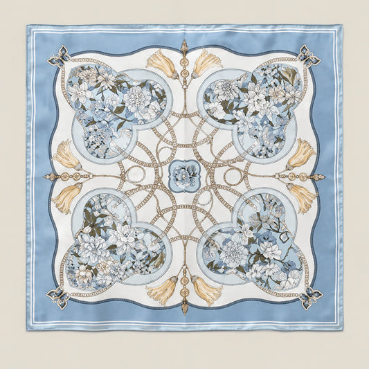 Pale blue flowers mulberry silk square scarf