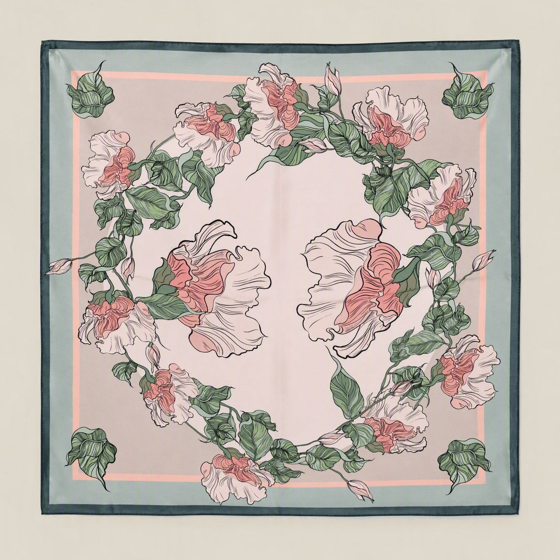 Green Vine mulberry silk square scarf laid flat