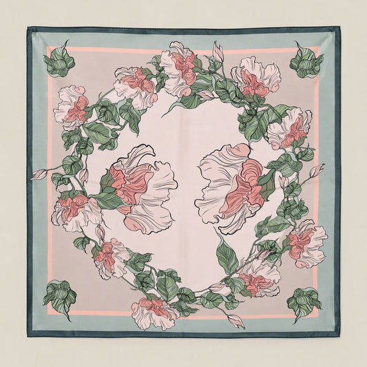 Green Vine mulberry silk square scarf laid flat