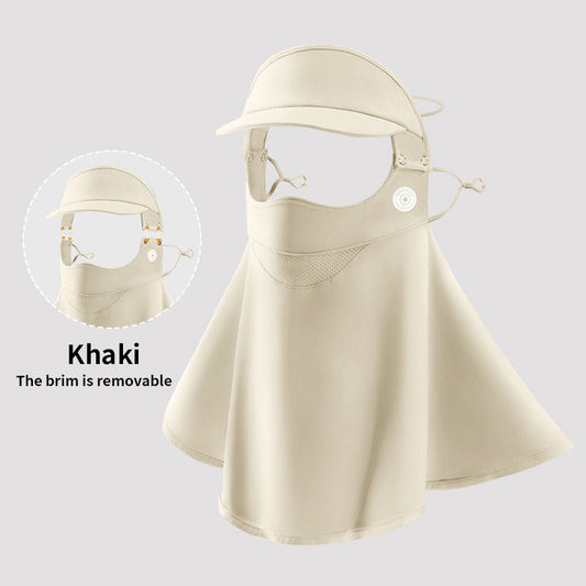 White sun-protective face and neck covering with integrated visor and mesh chest panel