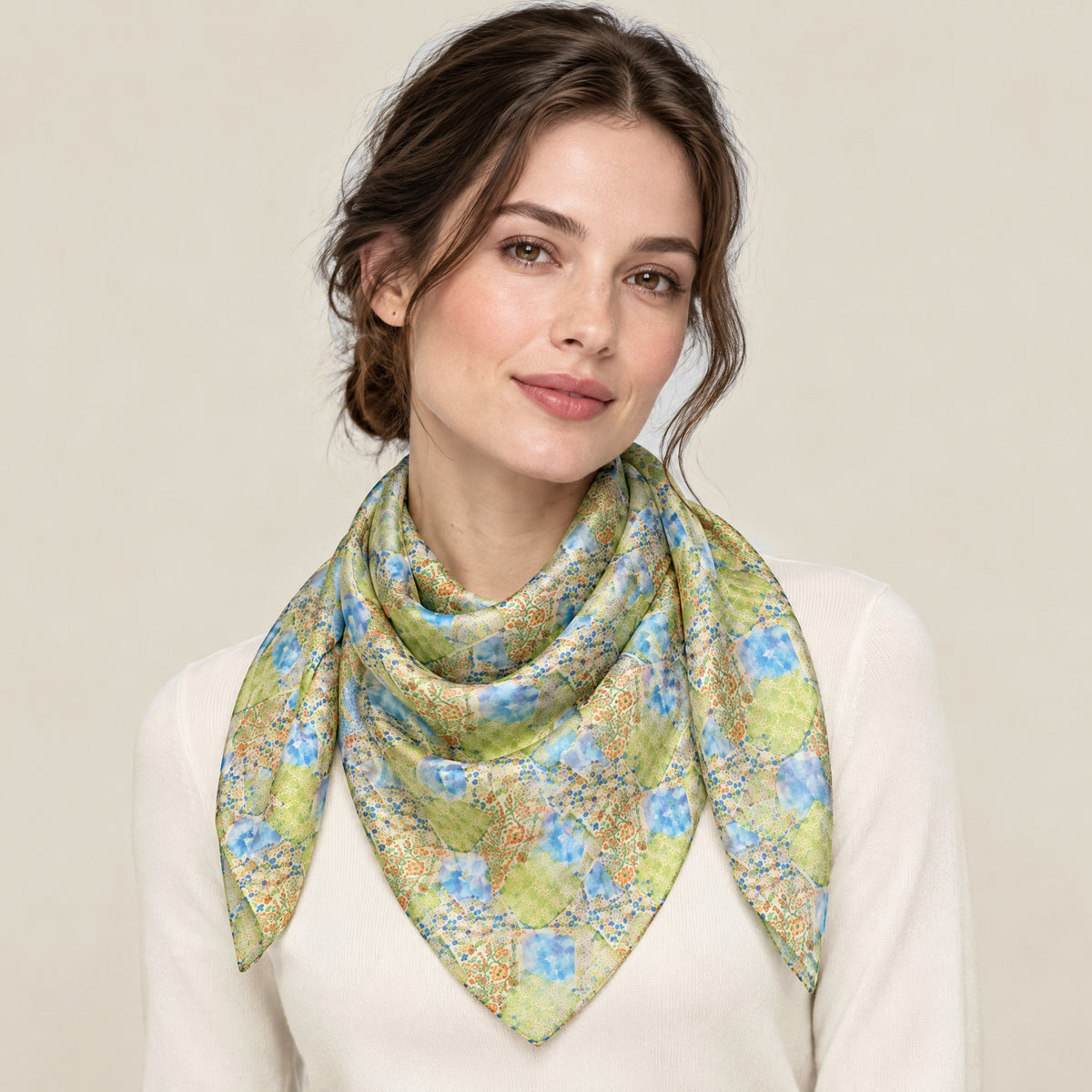 Woman wearing Spring Renewal mulberry silk scarf