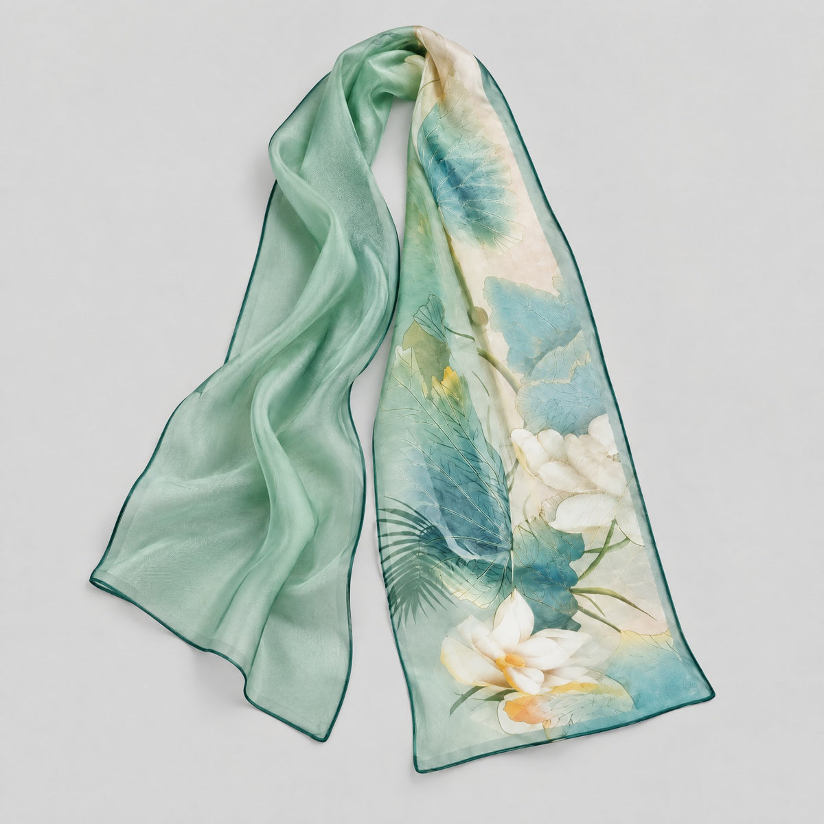 Light Green Lotus Mulberry Silk Long Scarf – 16.5 x 63 in