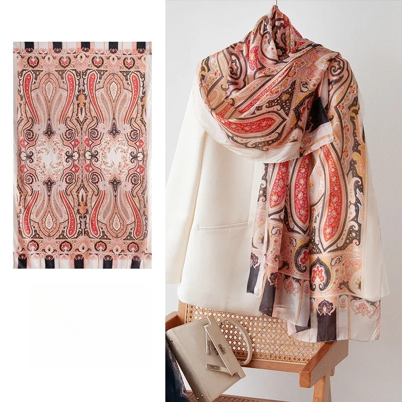 Long 100% Mulberry Silk Scarf – Bohemian Floral Lightweight Shawl, 43 x 69 in