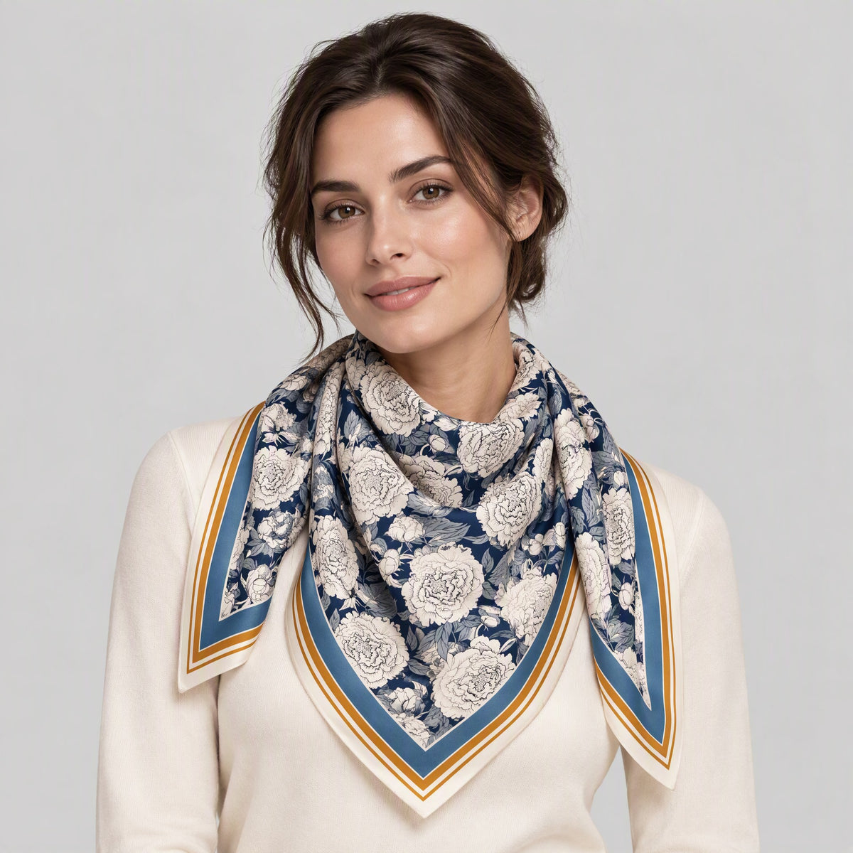 Gray Blue Edge Floral Mulberry Silk Square Scarf – 26 x 26 in