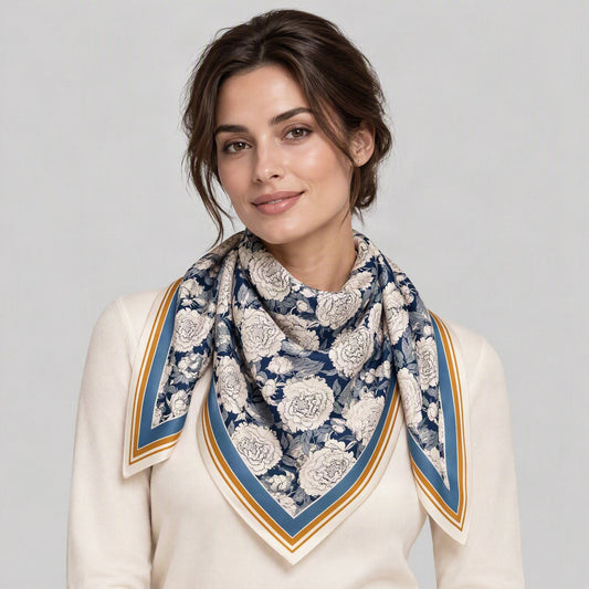 Gray Blue Edge Floral Mulberry Silk Square Scarf – 26 x 26 in, worn tied at the neck over a cream top
