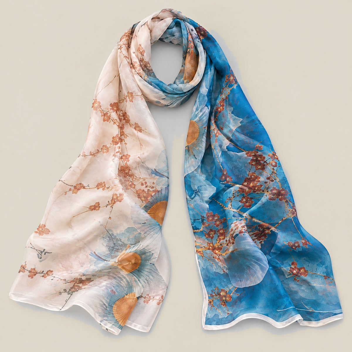 Traditional fan print mulberry silk scarf, 22 x 67 in detail showing silk texture and print
