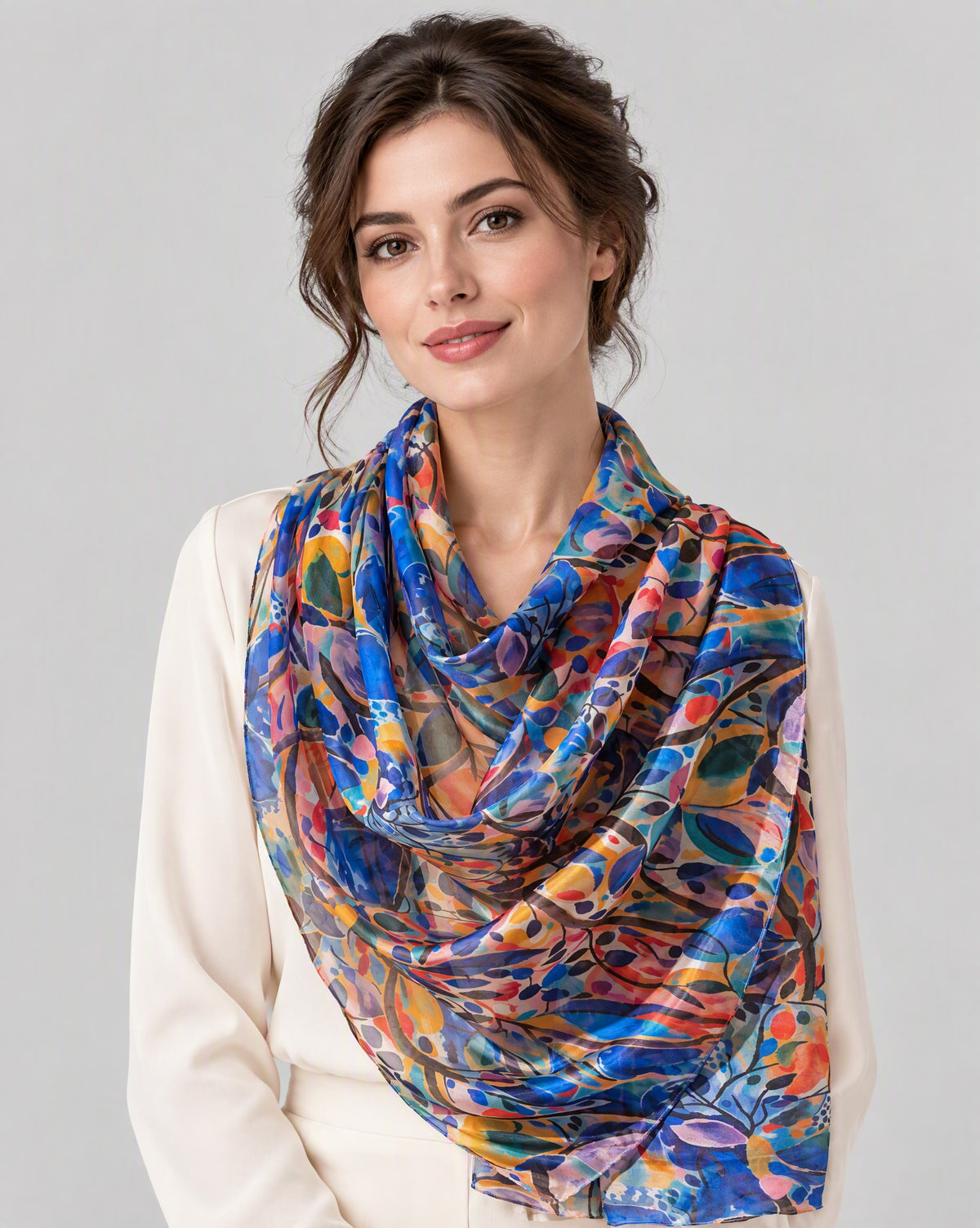 Blue Orange Large Floral Mulberry Silk Oversized Scarf – 69 x 43 in