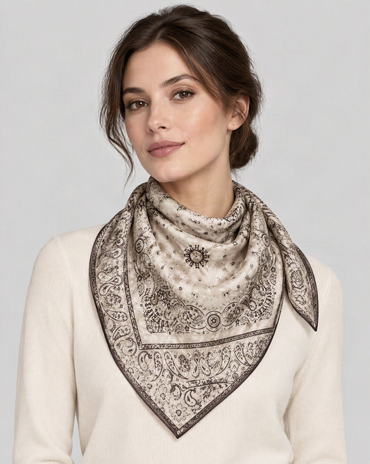 Paisley Mulberry Silk Square Scarf – 34 x 34 in, worn tied at the neck over a cream top
