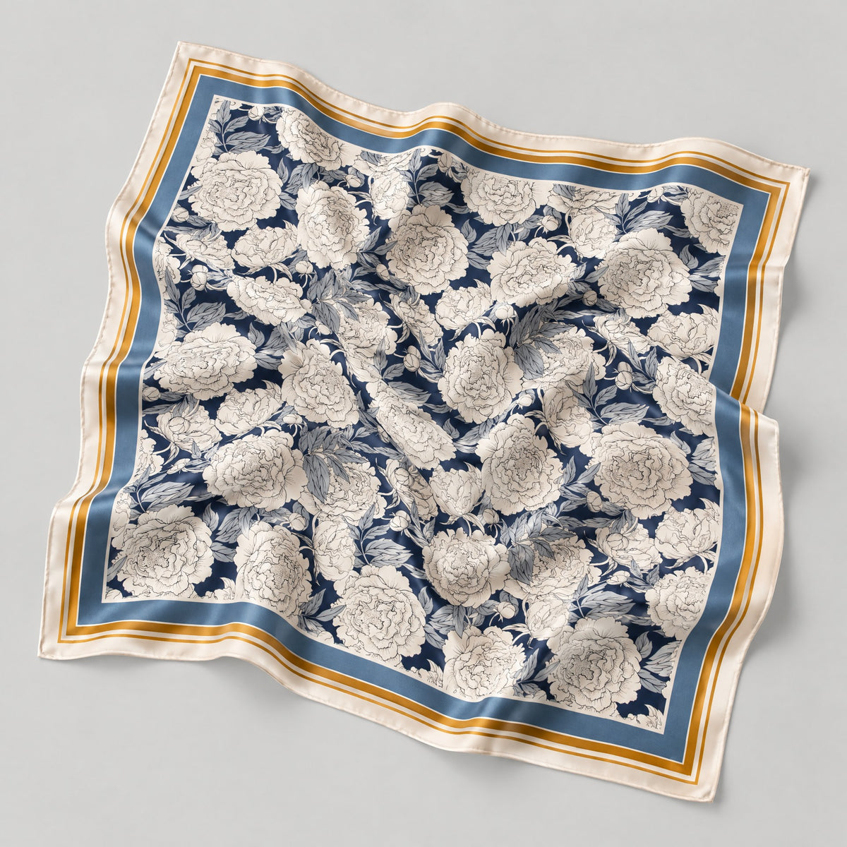 Gray Blue Edge Floral Mulberry Silk Square Scarf – 26 x 26 in