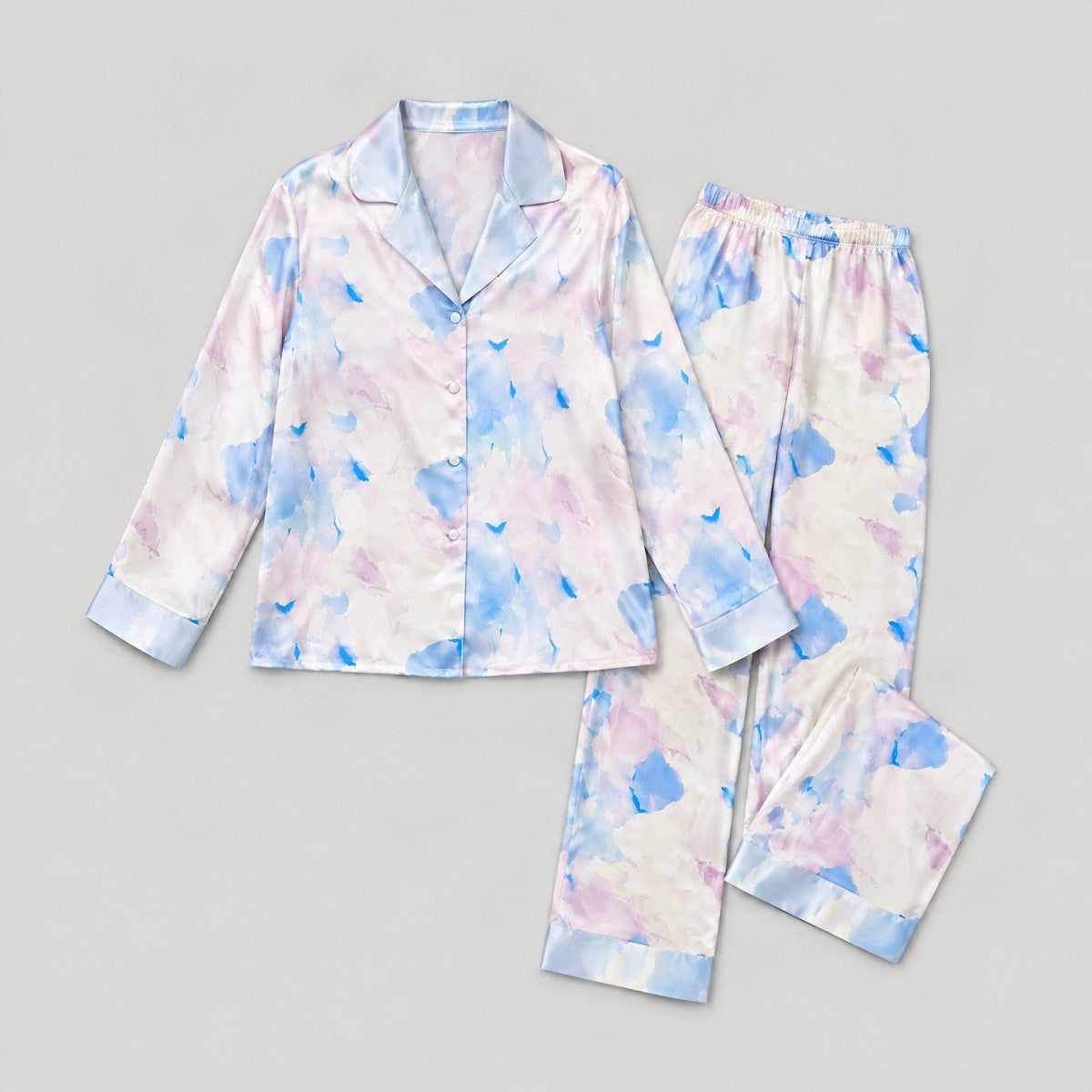 Mulberry silk pajama set laid flat, full garment view