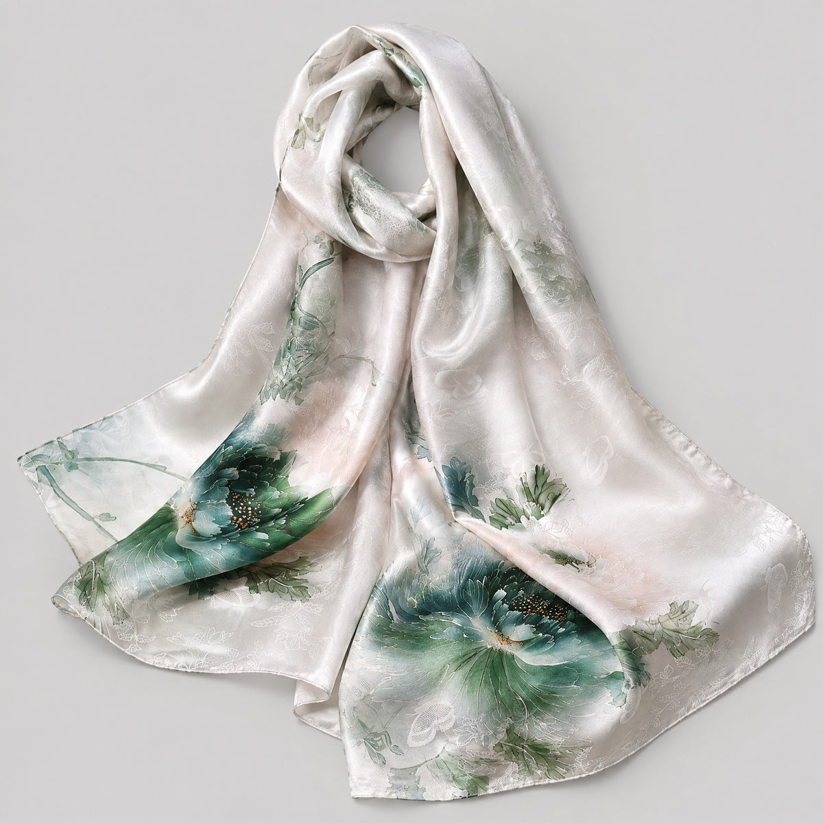 Ink Jade Blossoms Jacquard Mulberry Silk Scarf – 21 x 67 in