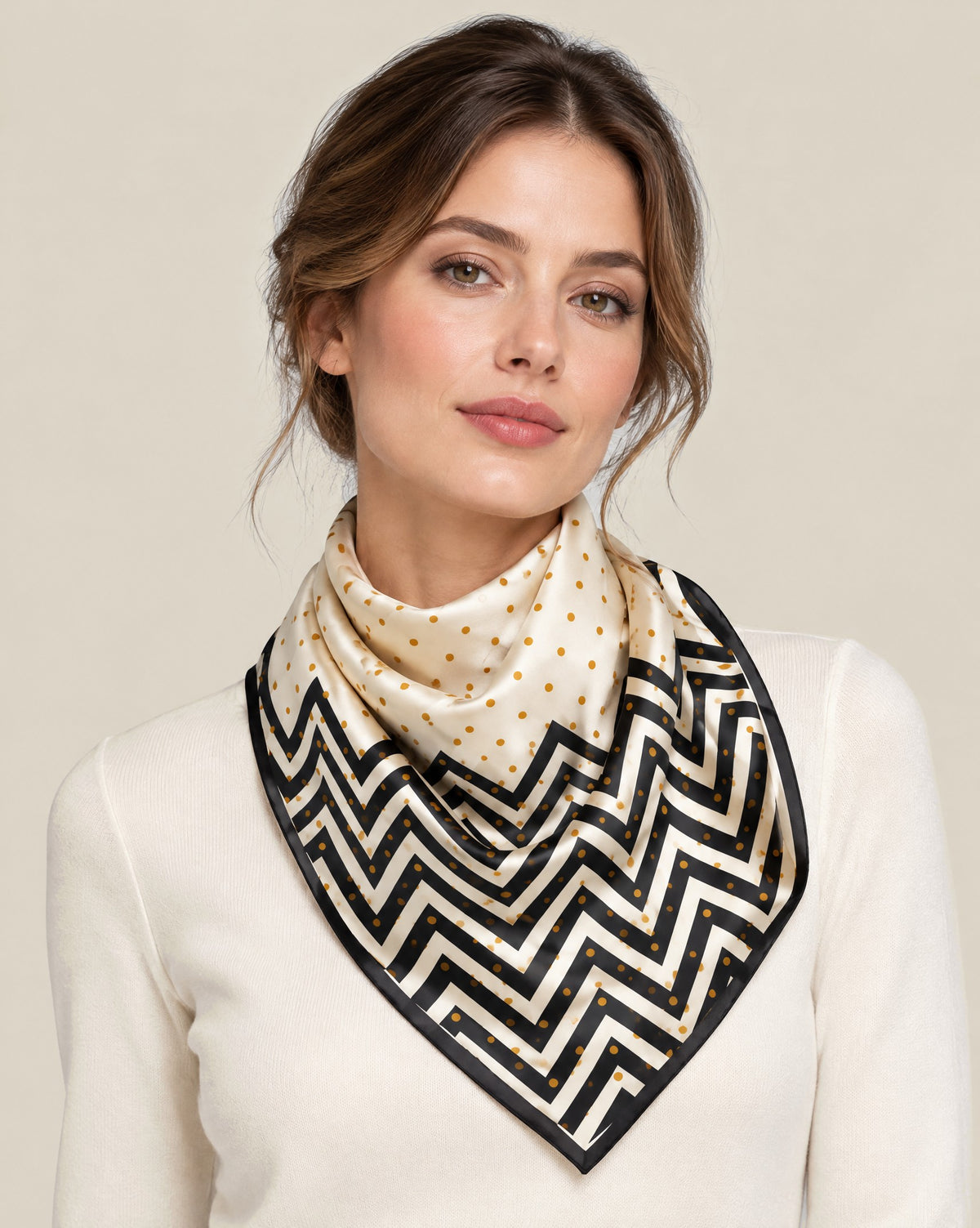 Woman wearing Wave Dot Black mulberry silk square scarf