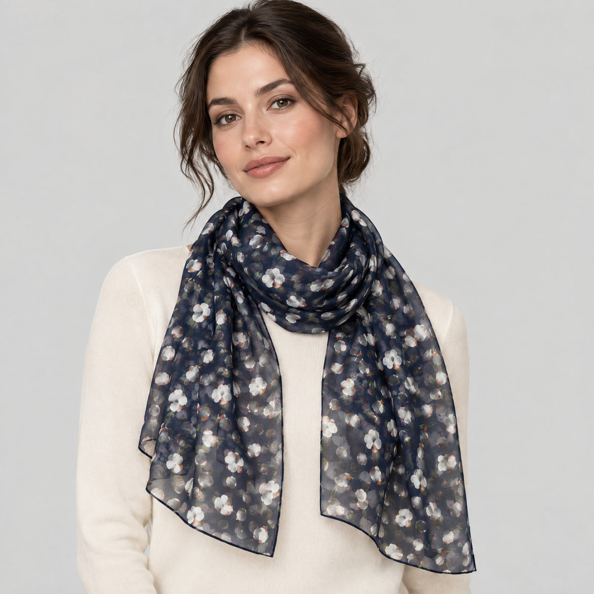 Navy Small Floral Mulberry Silk Scarf – 69 x 43 in