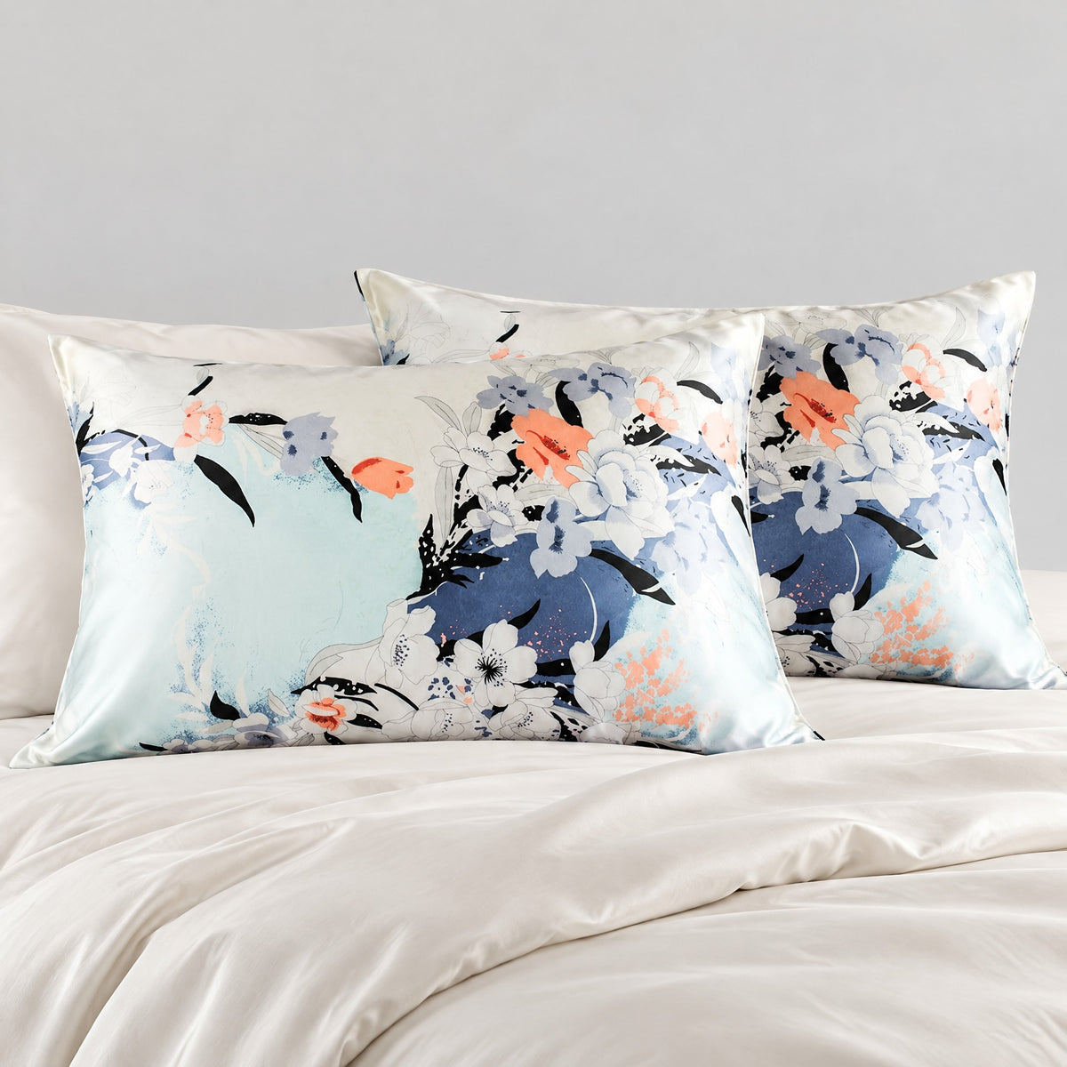 Aqua Peony Printed Mulberry Silk Pillowcase – 20 x 30 in