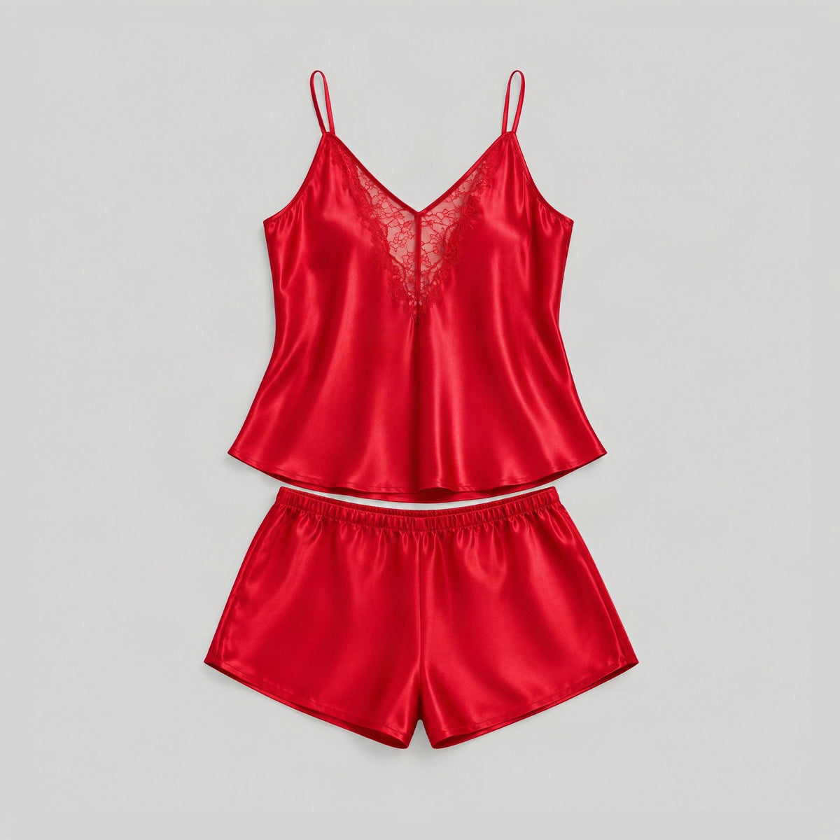 Red 19 Momme Sleeveless 100% Mulberry Silk Pajama Set – V-Neck Lace-Trim Cami & Shorts