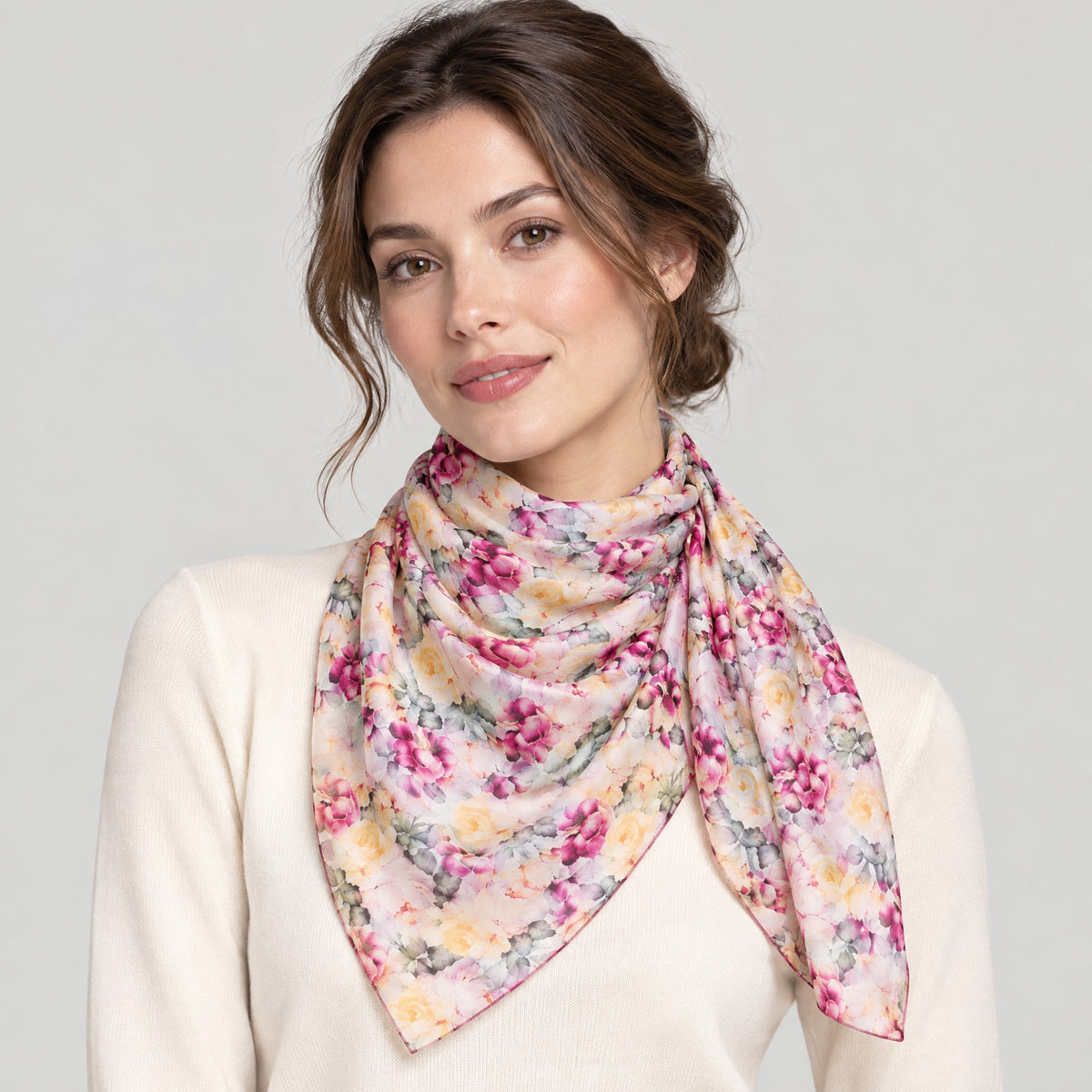 Yellow Purple Small Rose Mulberry Silk Scarf – 69 x 43 in