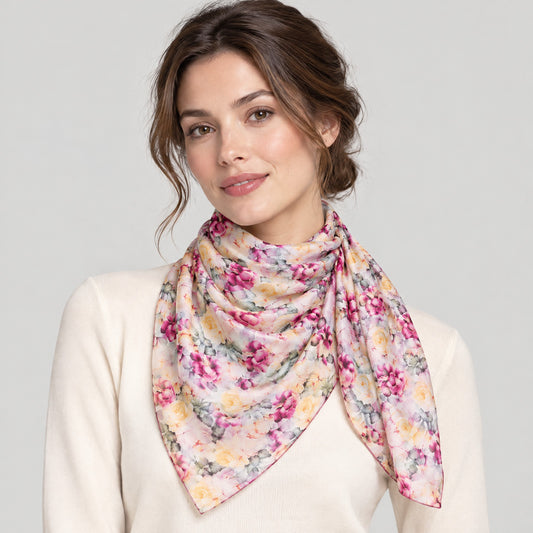 Yellow Purple Small Rose Mulberry Silk Scarf – 69 x 43 in