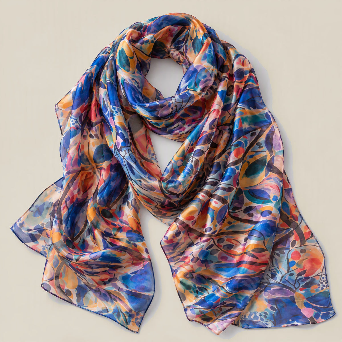 Blue orange floral mulberry silk scarf, 69 x 43 in detail showing silk texture and print