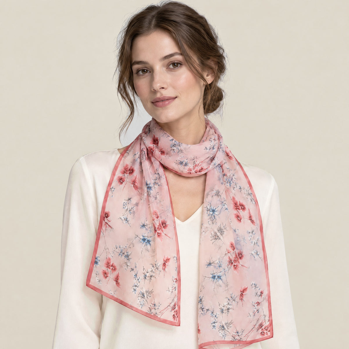Woman wearing Pink Branch mulberry silk long scarf