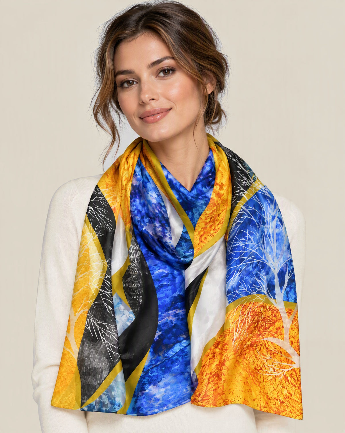 Woman wearing Coral Yellow jacquard mulberry silk scarf