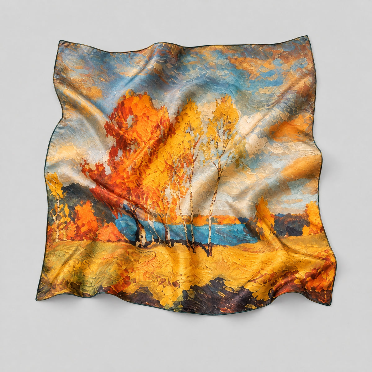 Golden Falling Leaves Mulberry Silk Square Scarf – 34 x 34 in
