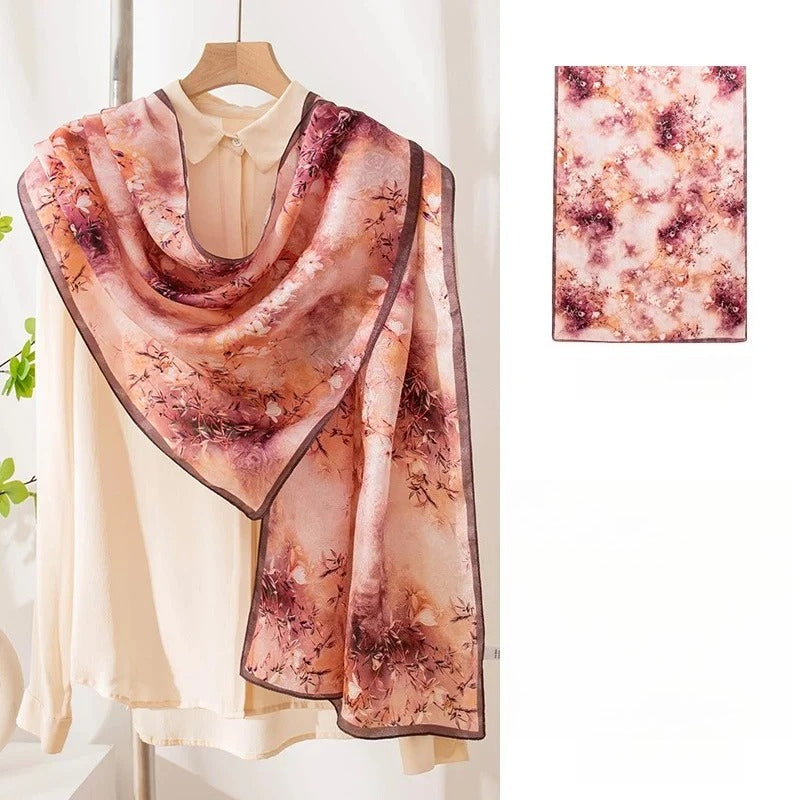 Long 100% Mulberry Silk Scarf – Floral Print Pashmina Wrap, 22 x 67 in, Gift Boxed