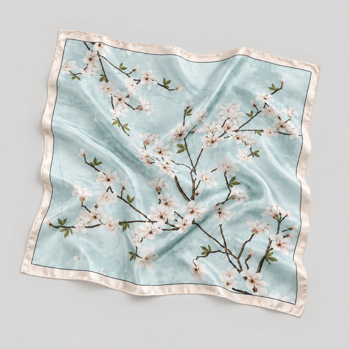 Light Blue Floral Branch Mulberry Silk Square Scarf – 21 x 21 in