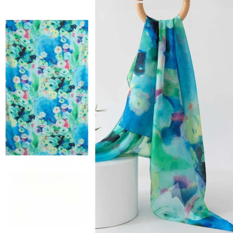Long 100% Mulberry Silk Scarf – Bohemian Floral Lightweight Shawl, 43 x 69 in