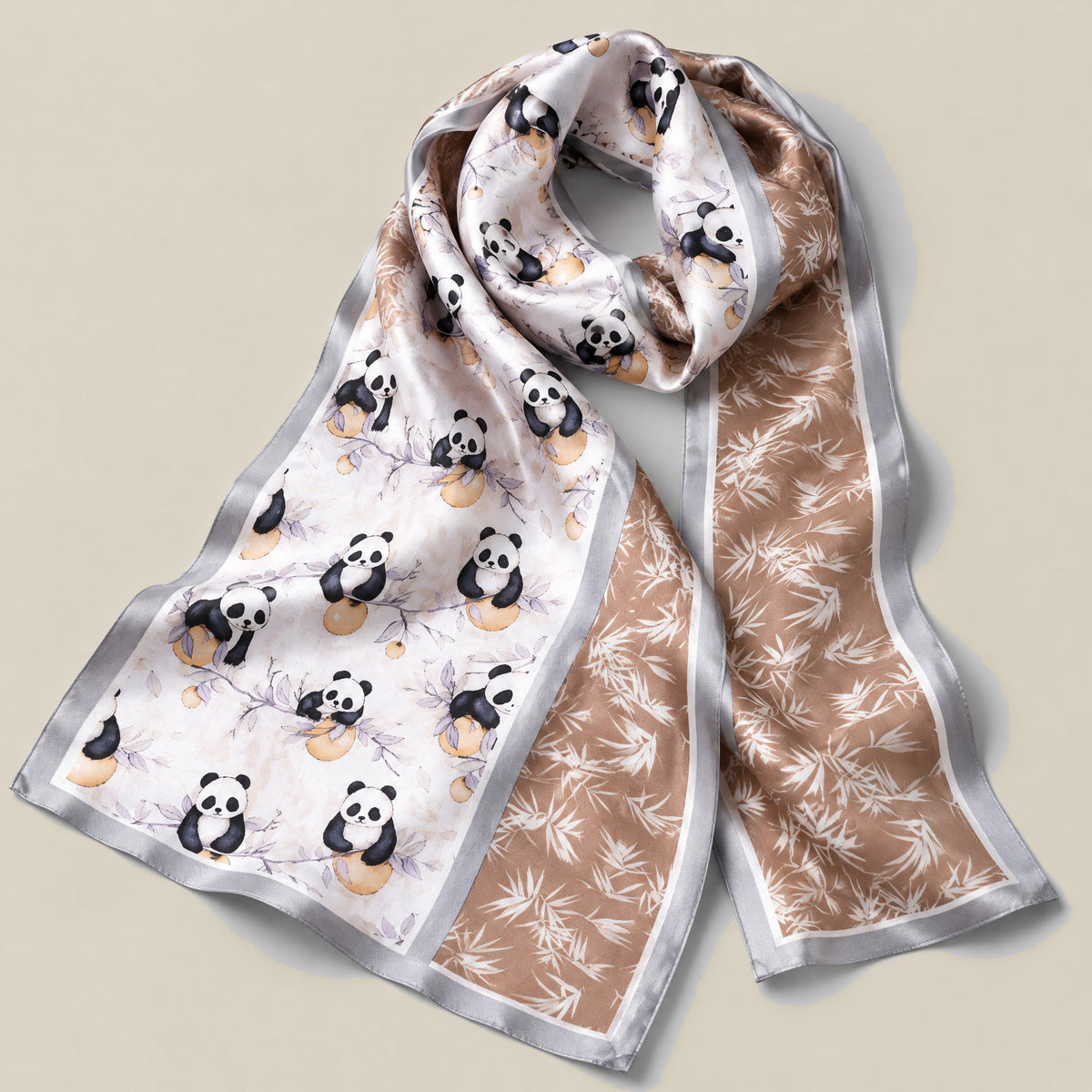 Bamboo Leisure slim mulberry silk scarf detail showing silk texture and print