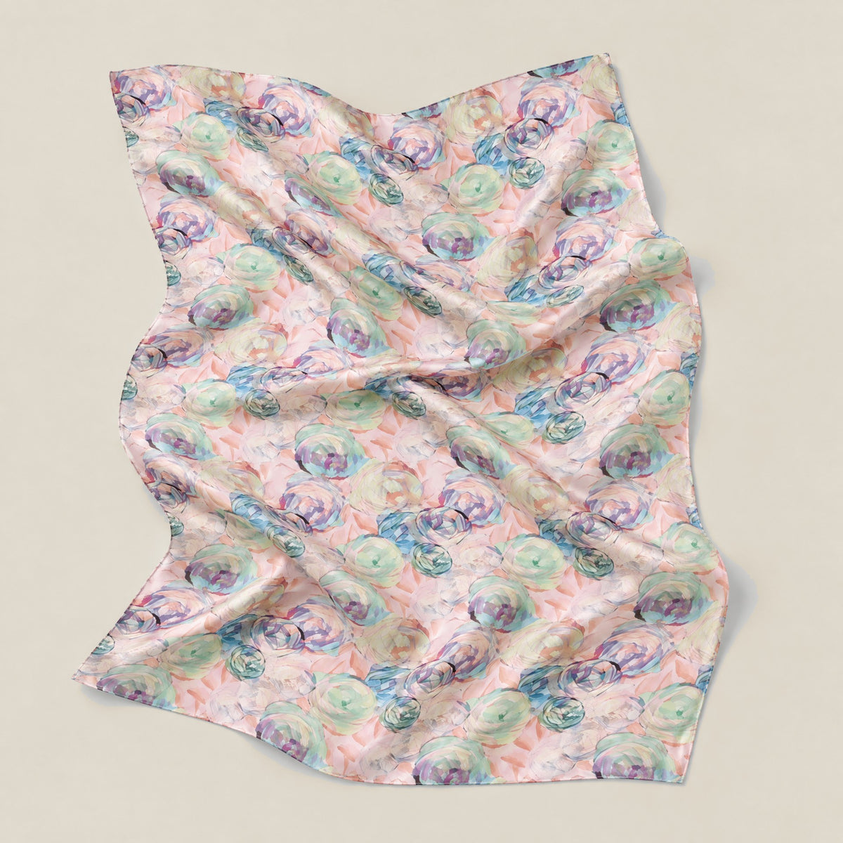 Pink diamond rose mulberry silk scarf, 69 x 43 in detail showing silk texture and print