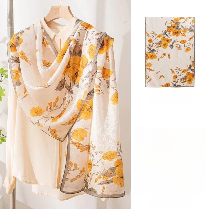 Long 100% Mulberry Silk Scarf – Floral Print Pashmina Wrap, 22 x 67 in, Gift Boxed