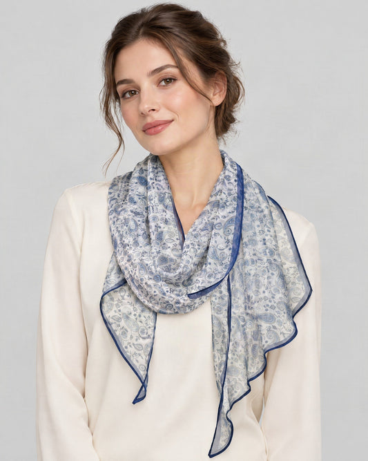 Cashew Print Mulberry Silk Long Scarf – 13 x 63 in, worn tied at the neck over a cream top