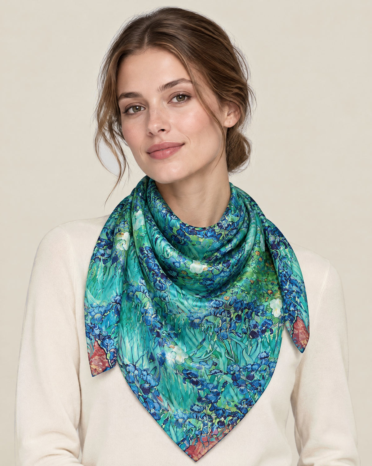 Woman wearing Blue green iris mulberry silk scarf, 69 x 43 in