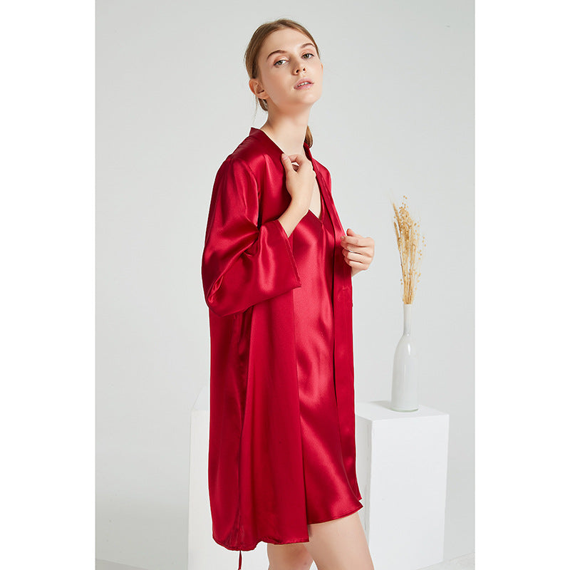 Embroidered Butterfly Silk Camisole & Robe Two-Piece Set – 100% Mulberry Silk Sleepwear with 3/4 Sleeves