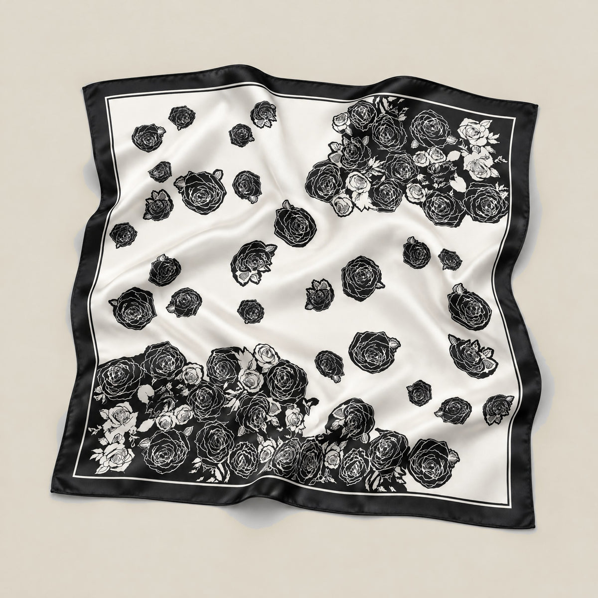 Black White Rose mulberry silk square scarf detail showing silk texture and print