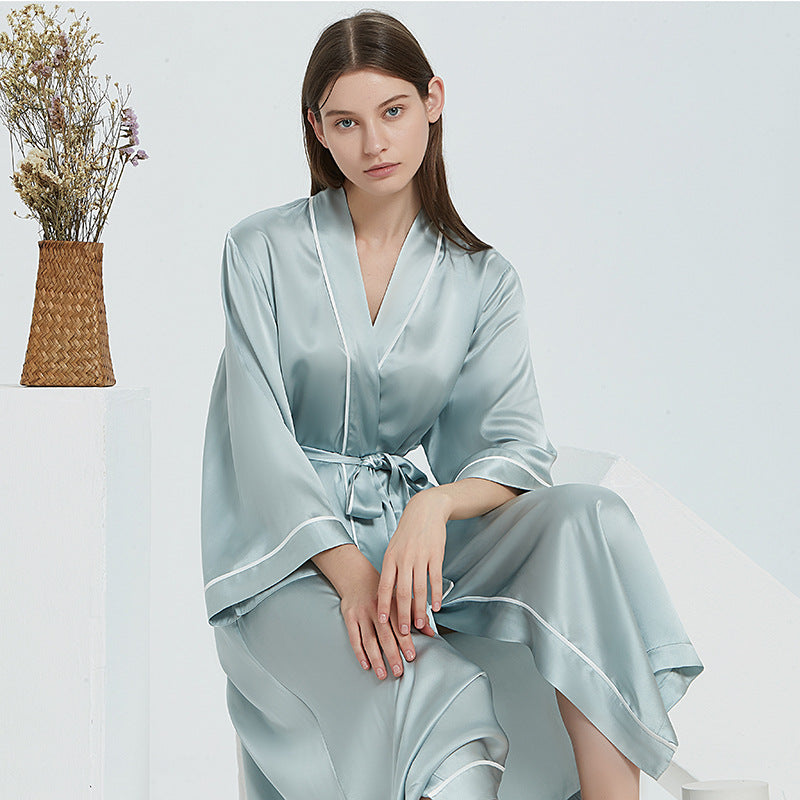 19 Momme Heavyweight 100% Mulberry Silk Long Robe – Long-Sleeve Open-Front Nightgown for Women