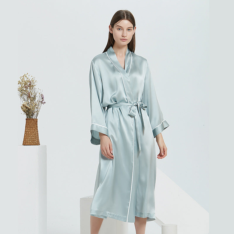 19 Momme Heavyweight 100% Mulberry Silk Long Robe – Long-Sleeve Open-Front Nightgown for Women