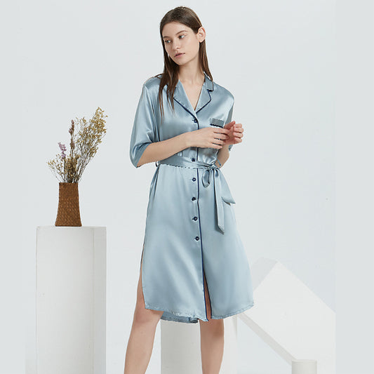 19 Momme Mulberry Silk Nightgown with Belted Waist, Retro Elegant Qipao-Inspired Sleepwear with High Side Slit