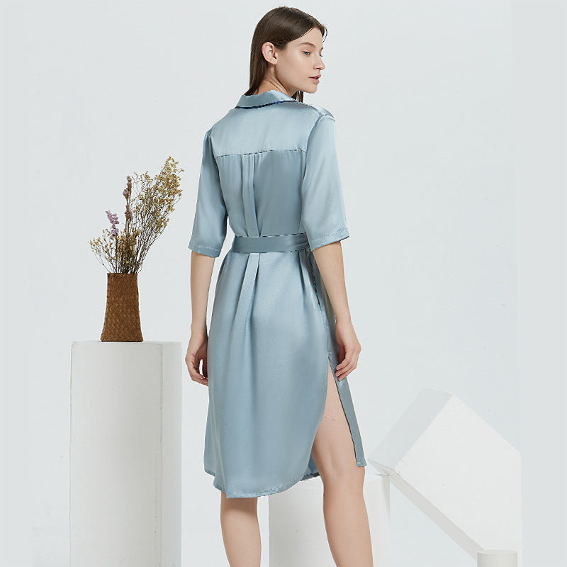 19 Momme Mulberry Silk Nightgown with Belted Waist, Retro Elegant Qipao-Inspired Sleepwear with High Side Slit
