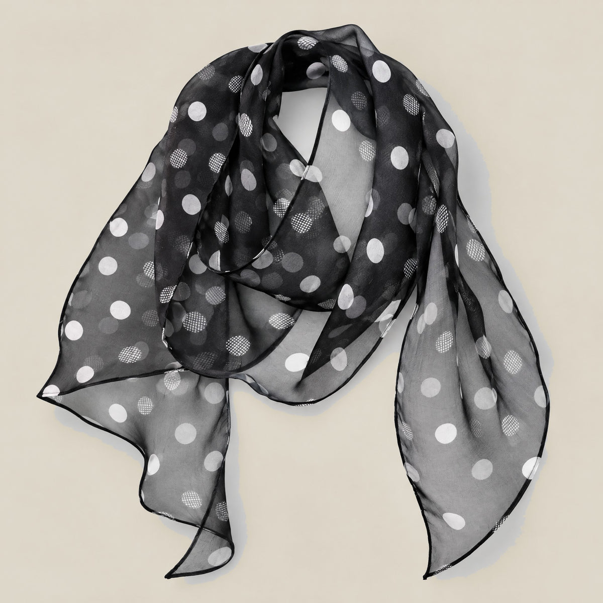 Black net dot mulberry silk scarf detail showing silk texture and print