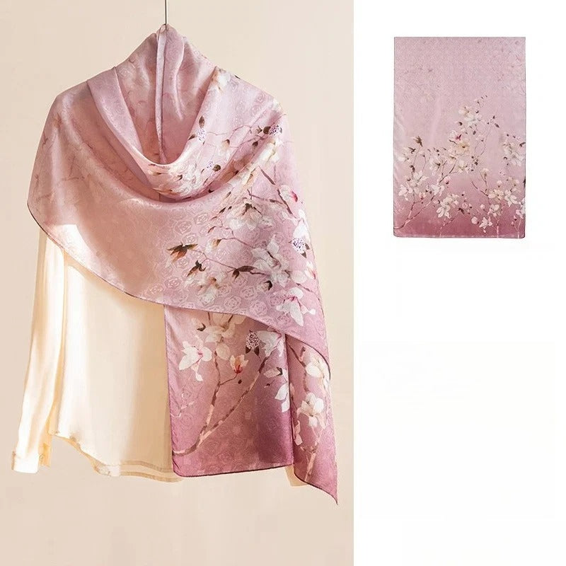Long 100% Mulberry Silk Scarf – Floral Print Pashmina Wrap, 22 x 67 in, Gift Boxed