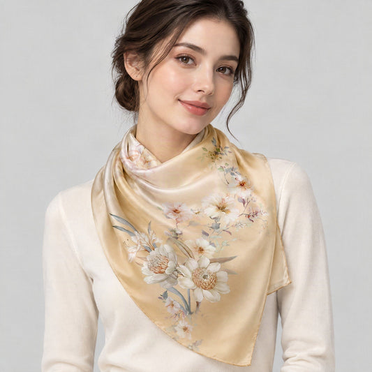 Golden Valley Spring Mulberry Silk Long Scarf – 22 x 68 in, worn tied at the neck over a cream top