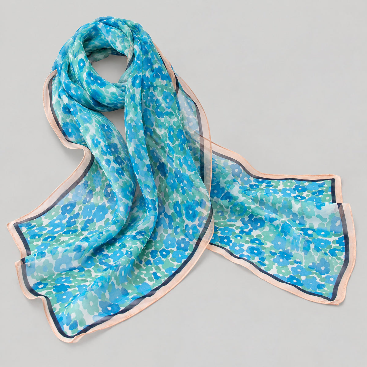 Blue Cartoon Floral Mulberry Silk Long Scarf – 16.5 x 63 in