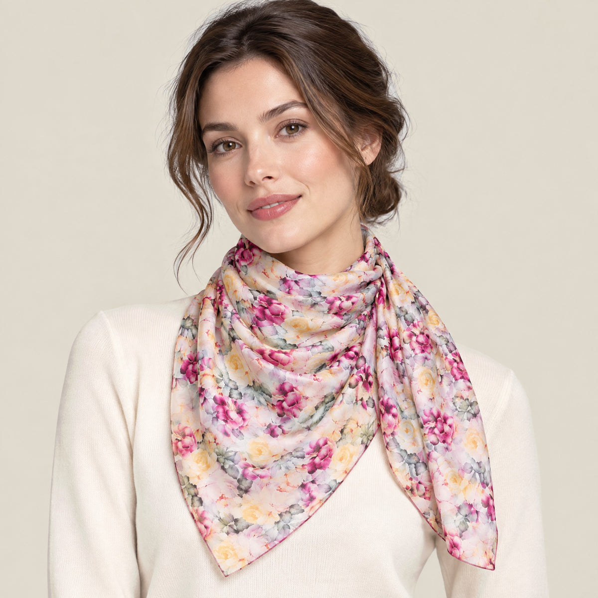 Woman wearing Yellow Purple Small Rose mulberry silk scarf