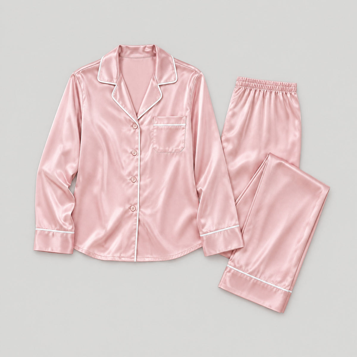 16 Momme Long Sleeve 100% Mulberry Silk Pajama Set – Button-Up with Contrast Piping