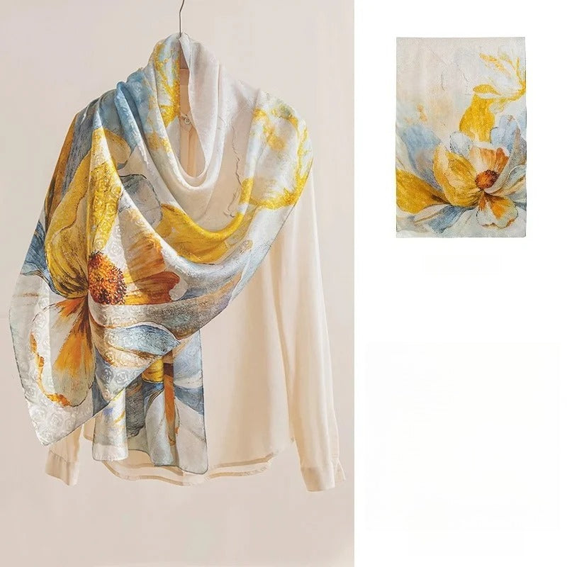 Square & Long 100% Mulberry Silk Scarf – Floral Print Lightweight Shawl, 34 x 34 in