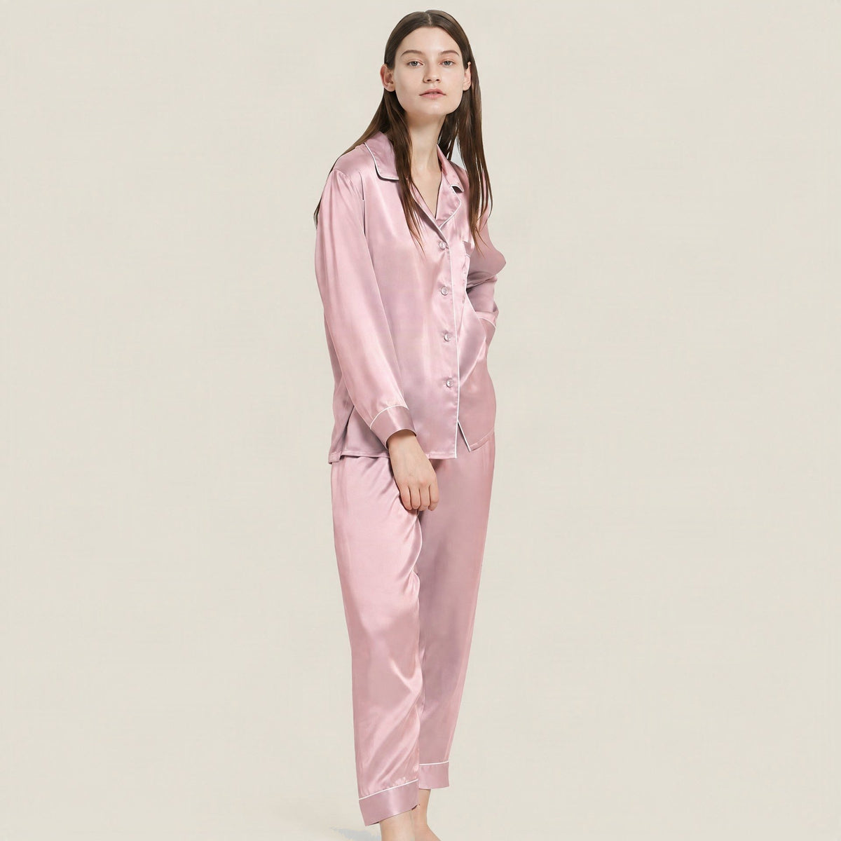 Lotus Pink 30 Momme Long Sleeve 100% Mulberry Silk Pajama Set – Women's Sleepwear Loungewear