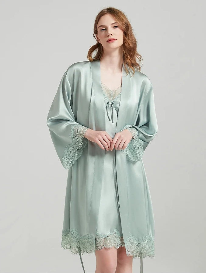 19 Momme Lace-Trim 100% Mulberry Silk Robe & Camisole Set – Women's Sleepwear Loungewear