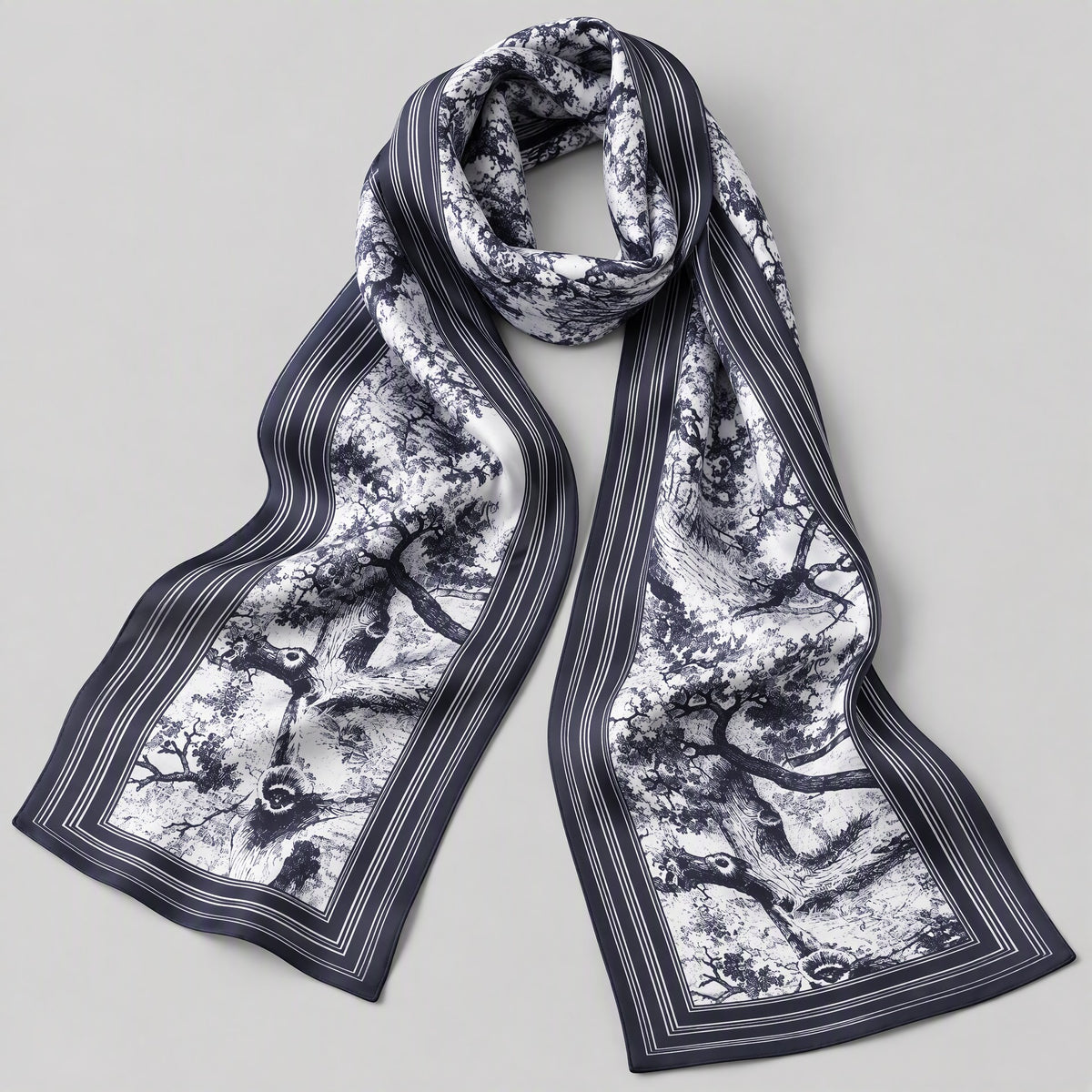 Ink Pine Slim Mulberry Silk Scarf – 6 x 59 in